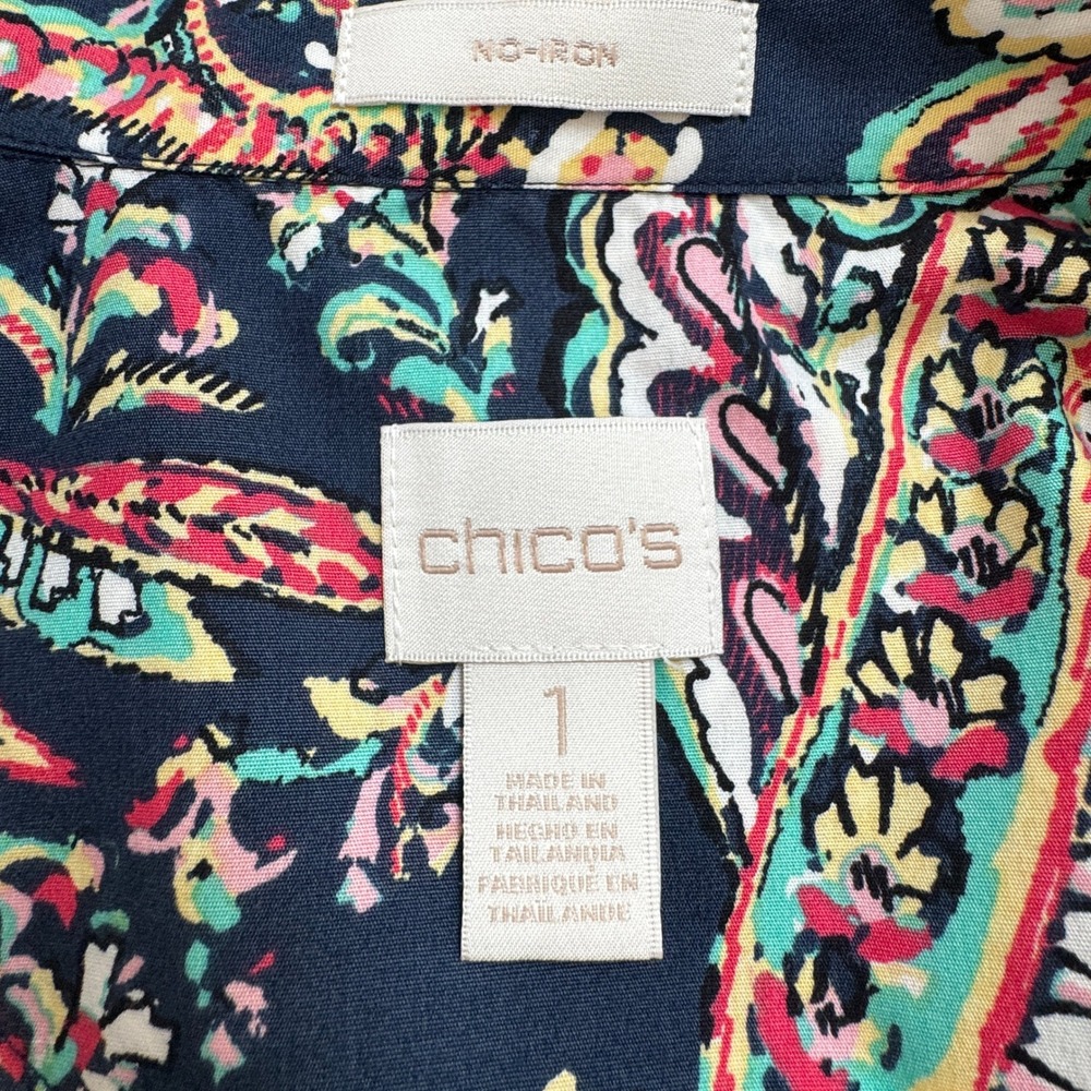 Chico's Paisley Button up Shirt Size 1 Navy Blue No-Iron Cotton Long Sleeve - Picture 5 of 9